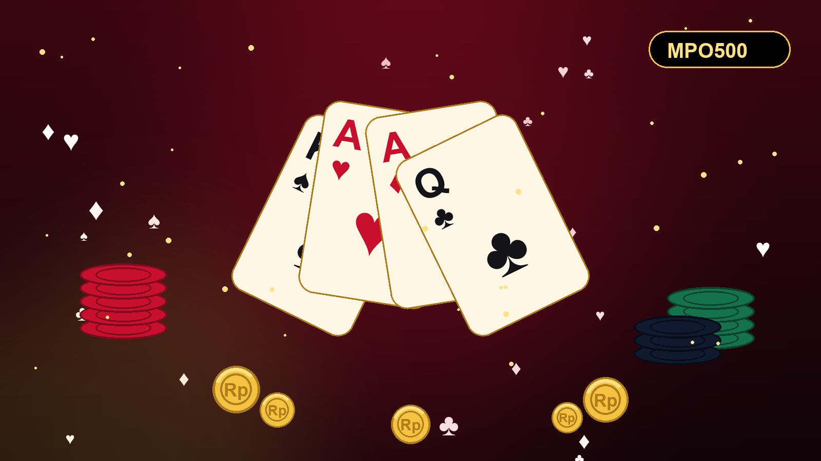 Ilustrasi kartu remi, chip kasino, dan koin emas di atas meja hijau bertema kasino