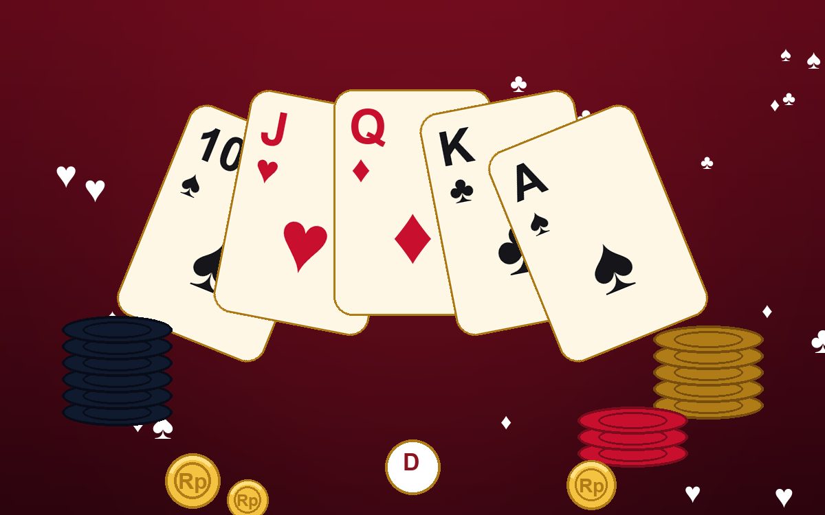 Ilustrasi kartu poker dan tumpukan chip di meja merah